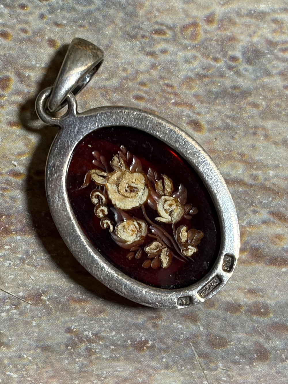 VintagePoland Sterling Silver Oval Amber? Possibly?Cabochon With Flowers Pendant - Picture 2 of 11